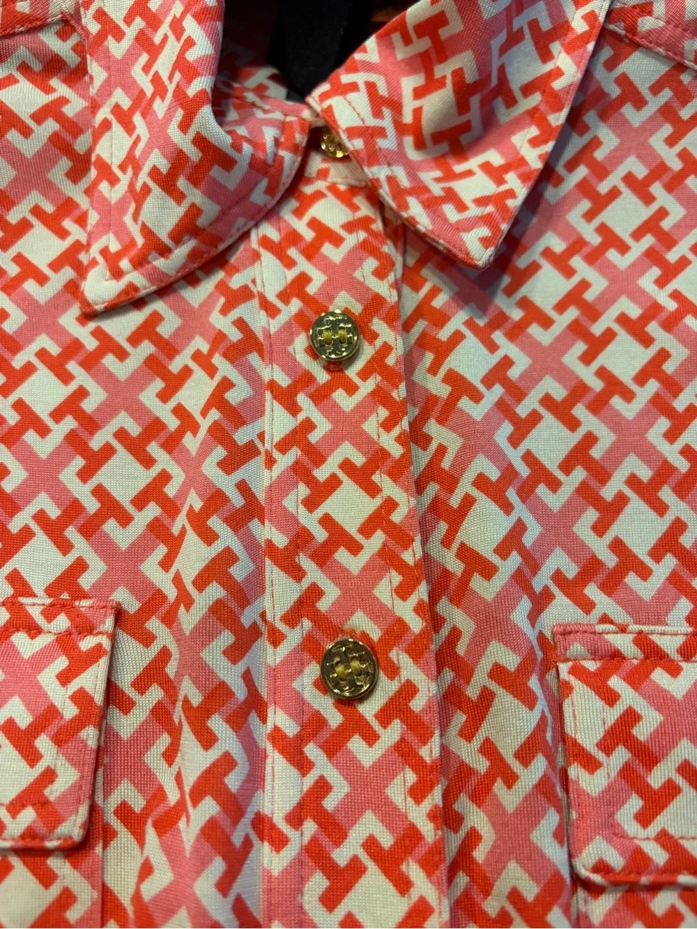 Orange/pink and White Geometric Button-Up Blouse